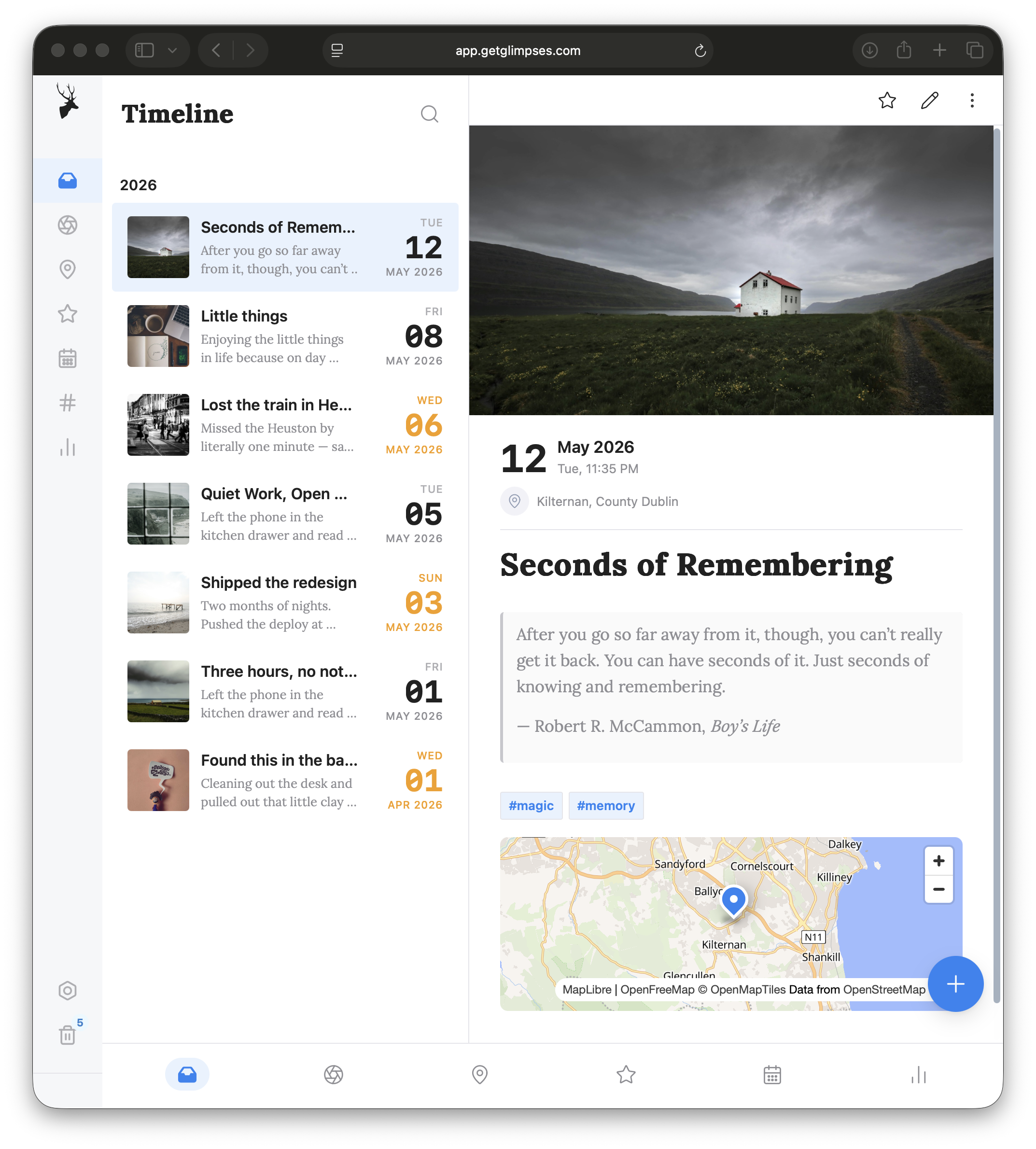 glimpses in a tablet or web window, Timeline detail view