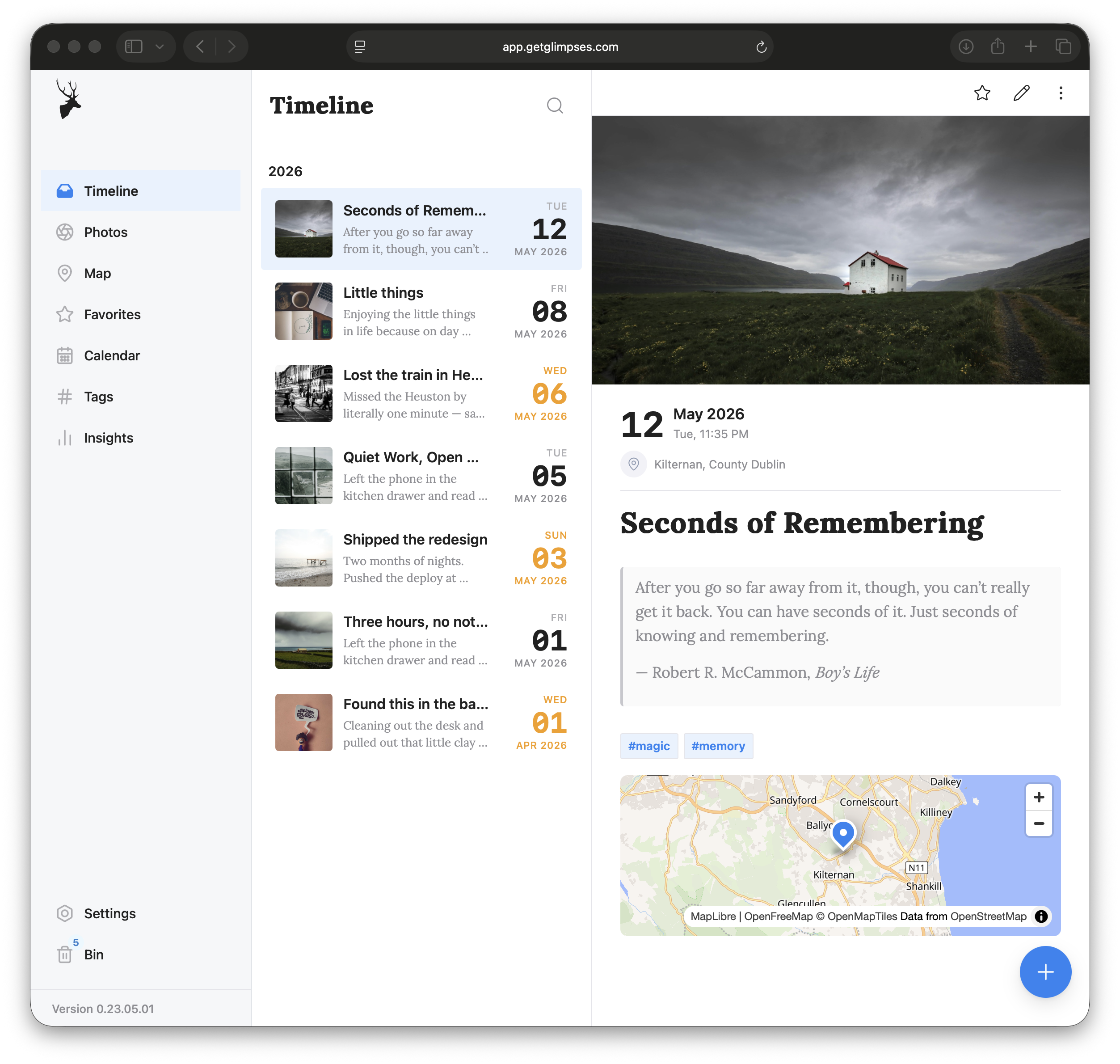 The glimpses web app showing the Timeline with entries from May 2026, thumbnails, dates, and journal titles.